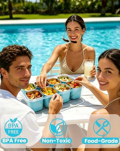 Snackle Box Container, Stainless Steel Divided Serving Tray with Lid and Handle, Large Snack Tray for Fruit Veggie Candy, 8-Compartment Snack Platter for Travel Beach Picnic,with Blue Silicone Sleeve