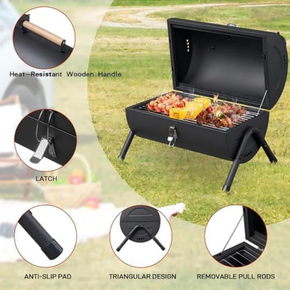 Portable Tabletop Charcoal BBQ Grill with Built-in Thermometer, 13.5in