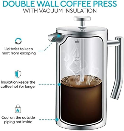French Press Coffee Maker 34oz - 304 Stainless Steel Coffee Press, Double Wall Insulated Thermal French Press with 4-Level Filtration, 2 Extra Filters, Rust Resistant, Dishwasher Safe, 1 Liter Silver
