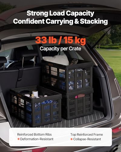 VEVOR Plastic Collapsible Storage Bins, 45L 3 Packs, Stackable Folding Storage Crates with Handles, Holds 33 lbs Per Bin, Foldable Heavy Duty Containers, Space-Saving Baskets, for Home Organizing