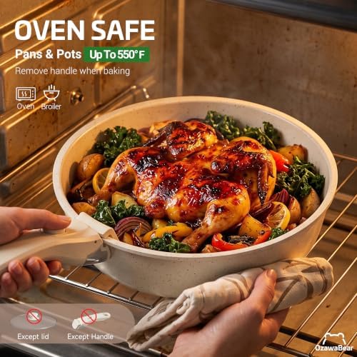 12 Pcs Pots and Pans Set Non Stick, Ceramic Cookware Set Non Toxic with Detachable Handles, Healthy Induction Cookware Oven Safe RV Kitchen Set, PFAS PFOA & PTFE Free, Cream White