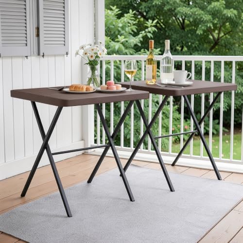 2 Pack Folding Table, Portable Coffee Table 27in Square Table for Small Spaces, Patio Card Table Foldable Picnic Table with 400 LBS Capacity for Indoor Outdoor Use, Brown