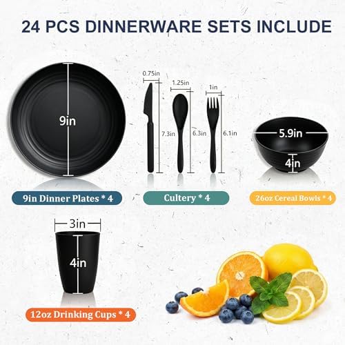 Plates and Bowls Sets for 4, Unbreakable Kid Dinnerware Sets- Black