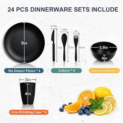 Plates and Bowls Sets for 4, Unbreakable Kid Dinnerware Sets- Black