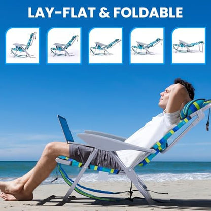2 Pack Lightweight Portable Camping Beach Chair for Adults, Outdoor Lay Flat Folding Beach Chairs with 5 Positions, Backpack Beach Chair with Towel Bar, Zipper Pouch, Cup Holder, Ocean Striped