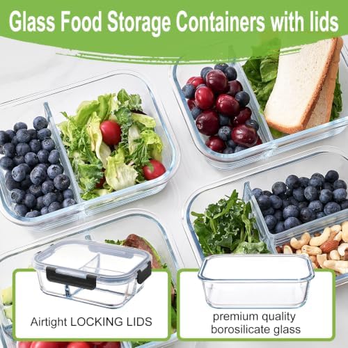 Glass Meal Prep Containers with Dividers, 1 & 2 & 3 Compartments 6 Pack