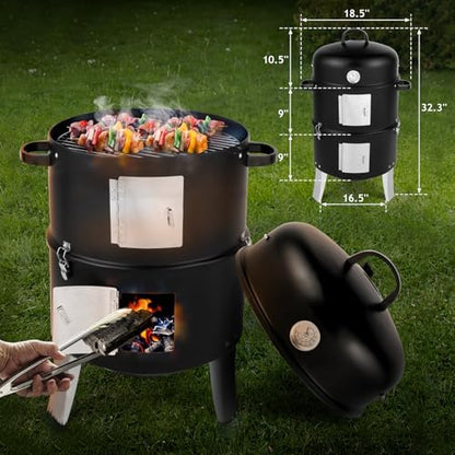 Outvita Vertical 18.5 Inch Steel Charcoal Smoker, 3-in-1 Portable Grill