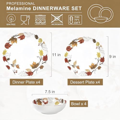 Melamine Dinnerware Set for 4, 12-Piece Fall Dishes, Yellow Maple Leaves