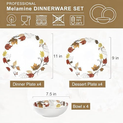 Melamine Dinnerware Set for 4, 12-Piece Fall Dishes, Yellow Maple Leaves