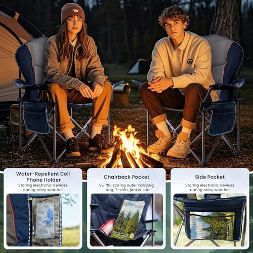 2 Pack Folding Camping Chairs for Adults - High Back Padded Outdoor Lawn Chairs with Lumbar Support & Cup Holder, 500lbs Heavy Duty Portable Camping Chairs Set (Blue & Gray, 2 PCS)