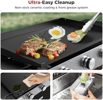 CAMPLUX Propane Griddle Flat Top, 3-Burner Gas Griddle with 3mm Thick Non-Deformable Plate & Ceramic Non-Stick Coating, 33,000 BTU Outdoor Cooking Station with Wheels and Side Shelves for Camping