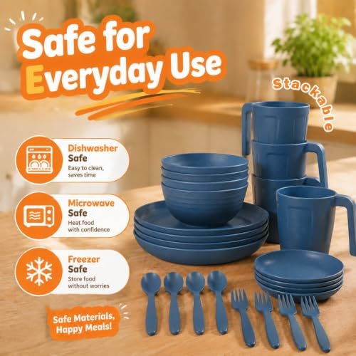 Wrova 24PCS Wheat Straw Dinnerware Sets, Unbreakable Blue Dishes Set for 4