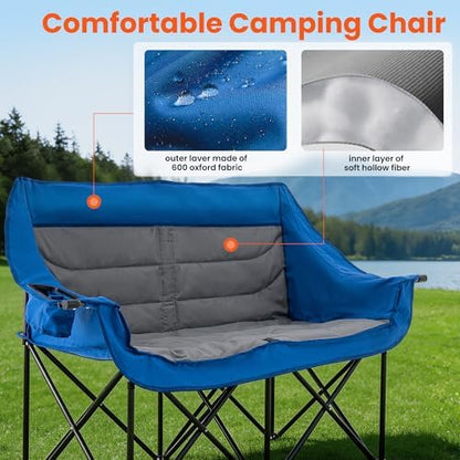 Asrug Padded Double Camping Chair 2 Person Folding Camping Chair Loveseat with Cup Holders and Side Pockets Heavy Duty Camping Couch for Outdoor Beach Fishing Garden 650lbs Support (Blue & Dark Gray)