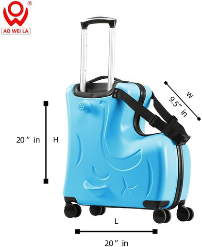 Kids Ride-On Suitcase, Hardside Rolling Luggage with 4 Spinner Wheels, Seat & Safety Belt, Toddler Carry-On for Boys & Girls Ages 2-6, Blue
