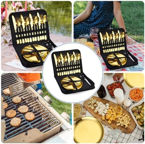 Camping Silverware Kit Cutlery Organizer Utensil Picnic Set Stainless Steel Plate Spoon Clip and Serrated Knife Wine Opener Fork Napkin Hiking - Camp Kitchen BBQ’s