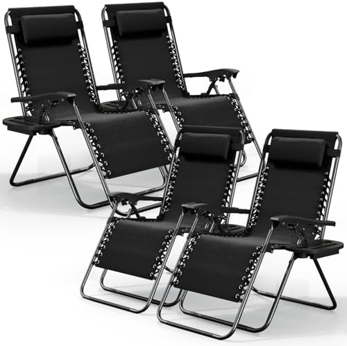 Nestl Zero Gravity Chairs Set of 4, Patio Lounge Chair Outdoor with Pillows & Cup Holder Trays, Adjustable Steel Mesh Reclining Camping Chair, Folding Patio Lawn Chair for Deck, Beach, Yard - Black