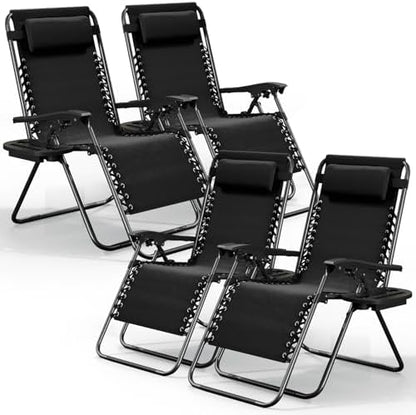 Nestl Zero Gravity Chairs Set of 4, Patio Lounge Chair Outdoor with Pillows & Cup Holder Trays, Adjustable Steel Mesh Reclining Camping Chair, Folding Patio Lawn Chair for Deck, Beach, Yard - Black