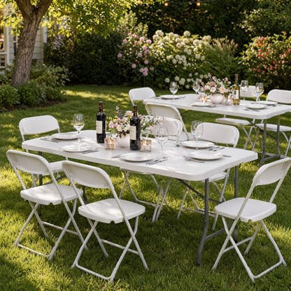 HAISIWLKJ Folding Table 5 FT Camping Table Portable Heavy Duty Plastic Rectangular Outdoor Dining Table Steel Legs Fold-in-Half with Carrying Handle for Indoor,Picnic,Party,Wedding,Events(White)