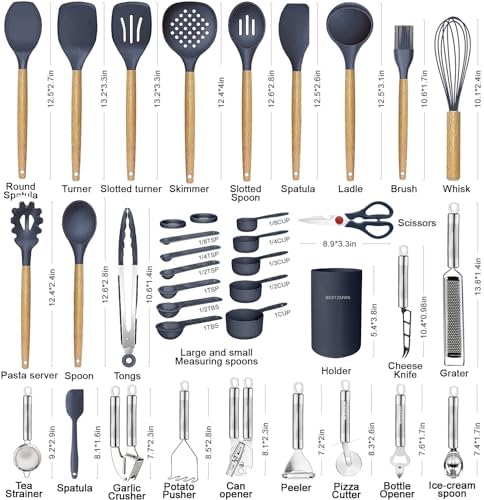 Cooking Utensils Set- 35 PCs Kitchen Utensils with Grater,Tongs, Spoon Spatula &Turner Made of Heat Resistant Food Grade Silicone and Wooden Handles Kitchen Gadgets Tools Set for Cookware