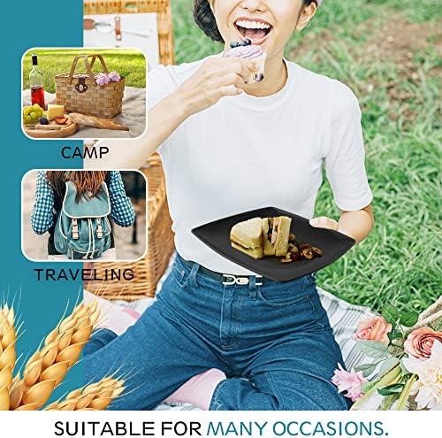 Teivio 56-piece With Flatware Kitchen Plastic Wheat Straw Square Dinnerware Set for 8, Unbreakable Dinner Plates, Snack Bowls, Tumblers 13.5 oz, Dishwasher Safe, Black