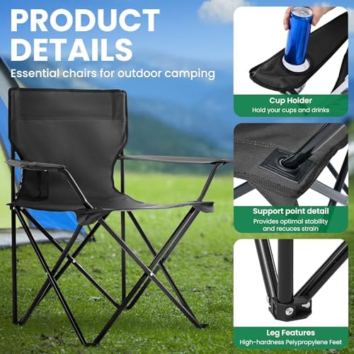 2-Pack Foldable Camping Chairs with Cup Holder, 300LB Lawn Portable Folding Chairs for Adults, Lightweight Outdoor Beach Chairs with Carry Bag for Camp, Fishing, Sports (Black)