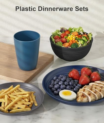 Quatish 24 Pcs Plates and Bowls Sets, Plastic Dinnerware Sets for 6, Blue