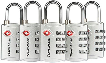 5 Pack TSA Luggage Locks with 4 Digit Combination – Heavy Duty Set Your Own Padlocks for Travel, Baggage, Suitcases & Backpacks - Silver