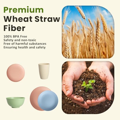 Homienly 40-Piece Dinnerwave Sets, Service for 8, Wheat Straw Dinnerware Set - Plates and Bowls Set with Cups, Lightweight Microwave and Dishwasher Safe Dish Set for Dinner, Outdoor - Multi Light