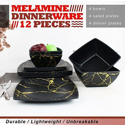 Melamine Dinnerware Set for 4-12 Pcs:Camping Dishes Set with Dinner Plates,Salad Plates and Bowls.Lightweight and Unbreakable.Indoor and Outdoor Use. flower 26