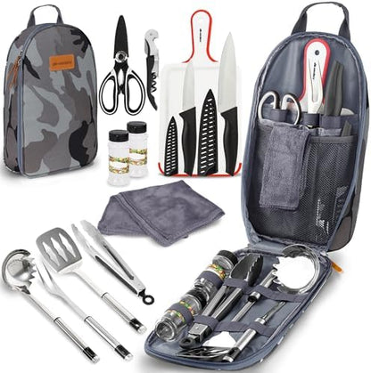 Wealers Camp Kitchen Cooking Utensil Set Travel Organizer Grill Accessories Portable Compact Gear for Backpacking BBQ Camping Hiking Travel Cookware Kit Water Resistant Case