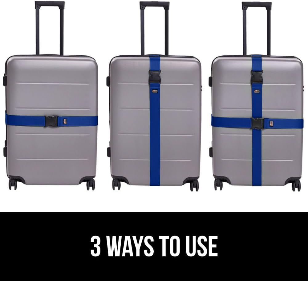 GORILLA GRIP Heavy Duty Adjustable Luggage Straps for Suitcases, Easy to Identify Travel Belt Connector Holds Suitcase Together, Extends Life of Bag, Strap Connects Two Bags, Accessories 2 Pack Blue