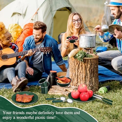 Nuogo 48 Pcs Camping Dinnerware Enamel Mugs Plates Bowls Utensils, Green