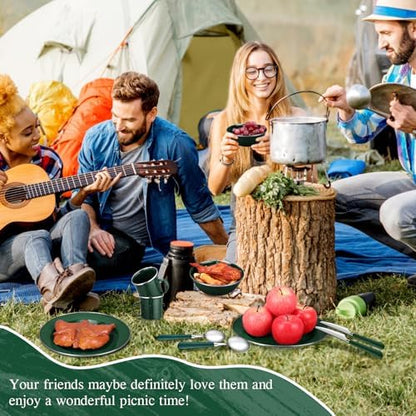 Nuogo 48 Pcs Camping Dinnerware Enamel Mugs Plates Bowls Utensils, Green