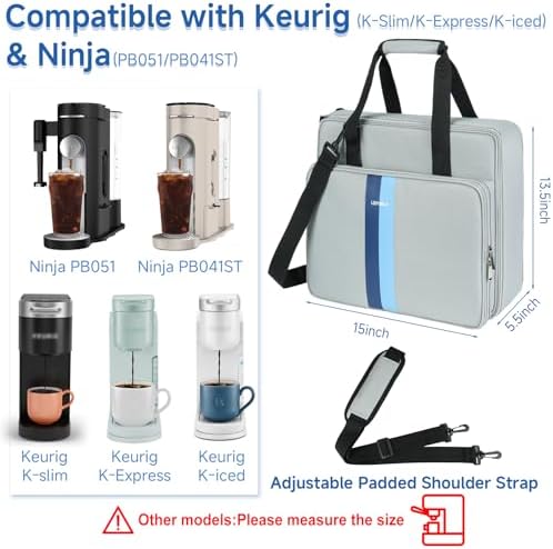LEFOR·Z Coffee Maker Travel Bag Compatible with Keurig K-Slim/K-Express/K-Iced/Ninja PB051/PB041ST,Single Serve Coffee Brewer Carrying Case with Multiple Pockets for K-Cup Pods,Grey(Bag Only)