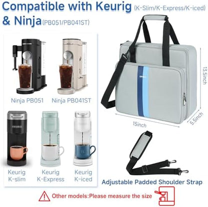 LEFOR·Z Coffee Maker Travel Bag Compatible with Keurig K-Slim/K-Express/K-Iced/Ninja PB051/PB041ST,Single Serve Coffee Brewer Carrying Case with Multiple Pockets for K-Cup Pods,Grey(Bag Only)