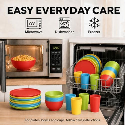 28 Piece Plates and Bowls Sets for 4, Kitchen Dinnerware Sets, Plastic