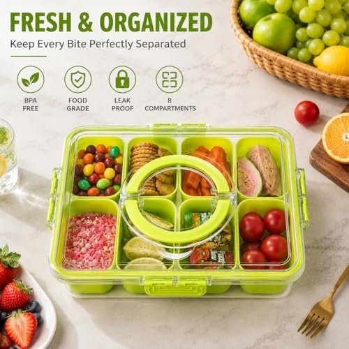 Dingerjar Divided Serving Tray with Lid and Handle - Snackle Box Charcuterie Container for Portable Snack Platters Organizer for Candy, Fruits, Nuts, Snacks - Perfect for Party, Entertaining, Green