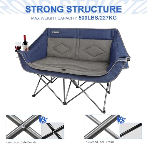 Oversized Double Camping Chair-Heavy Duty 2 Person Folding Loveseat Camp Couch for Adults,Portable Outdoor Lawn Chairs with Padded Seat for Fishing,Sports and Patio,Supports 500 LBS,Blue