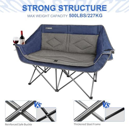 Oversized Double Camping Chair-Heavy Duty 2 Person Folding Loveseat Camp Couch for Adults,Portable Outdoor Lawn Chairs with Padded Seat for Fishing,Sports and Patio,Supports 500 LBS,Blue