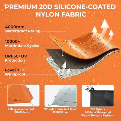 CANTUO 2/3 Person Tent Backpacking Tent with Footprint Ultralight 20D Nylon 4000mm Waterproof & Windproof Two Person Tent