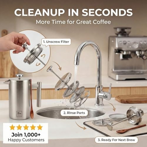 Barista Warrior French Press Coffee Maker - Double-Wall Stainless Steel Insulated French Press with Built-In Thermometer, Dual Filters Coffee Maker with Wooden Spoon - Silver