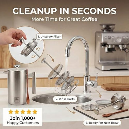 Barista Warrior French Press Coffee Maker - Double-Wall Stainless Steel Insulated French Press with Built-In Thermometer, Dual Filters Coffee Maker with Wooden Spoon - Silver