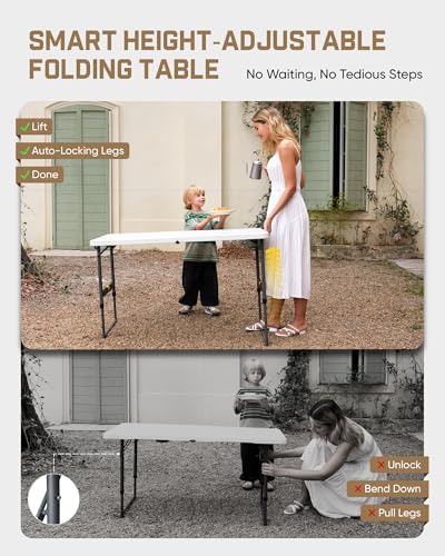 FanttikOutdoor Folding Table 4 Foot Quick Adjust Portable Plastic 4 Heights