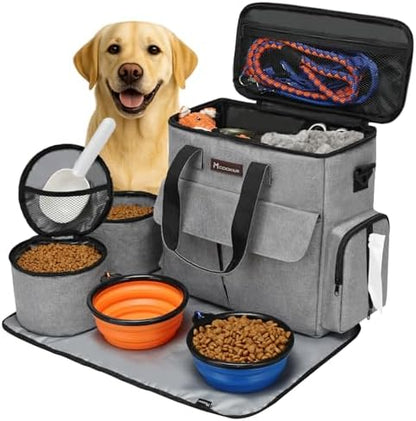 Modoker Weekend Dog Travel Bag Set with 2 Food Bags, 2 Bowls and Mat, Grey