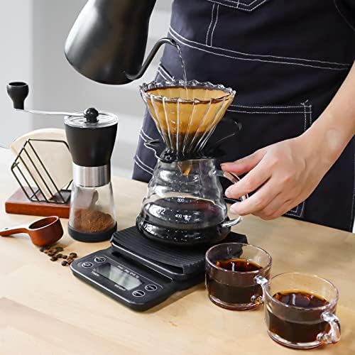 SOTECH Pour Over Coffee Maker Set includes a manual grinder, a hand brewing pot, a drip pot, a glass pot, filter paper, and a portable travel bag, suitable for outdoor camping.