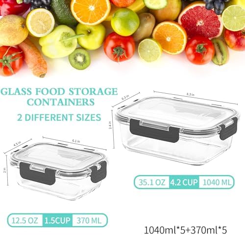 10-Pack Large Glass Meal Prep Containers, Food Storage Containers with Lids