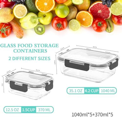 10-Pack Large Glass Meal Prep Containers, Food Storage Containers with Lids