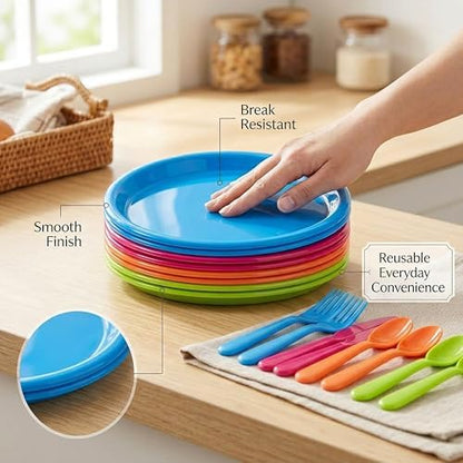 Basicwise 64-Piece Reusable Plastic Dinnerware Set for 16 – Microwavable & Dishwasher Safe Assorted Color Plates and Cutlery for Party, Picnic, Camping, Garden BBQ, Outdoor Gathering & Everyday Dining