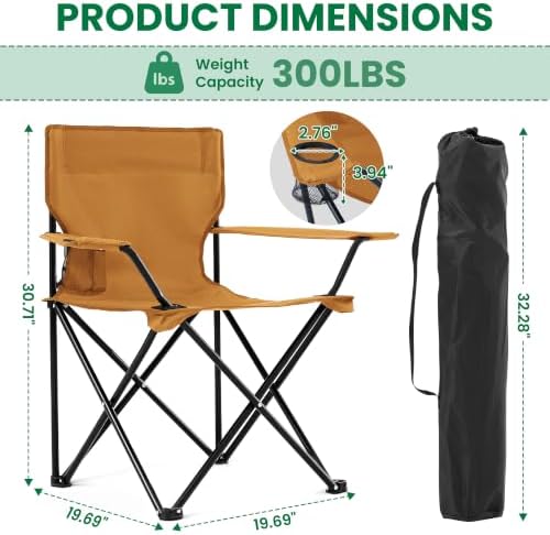 4 Pack Folding Camping Chairs for Outdoor, Foldable Portable Lawn Chairs with Carry Bag & Cup Holder, Compact Design for Camp, Beach, Picnics, and Fishing Supports 300LBS（Orange）