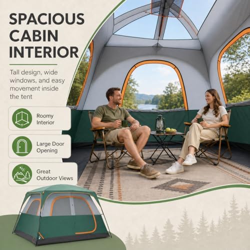 Simple Deluxe 2/4/6/8 Person Cabin Tents for Camping, Outdoor Tent 5-Minute Quick Setup with Mesh Doors, Windows, Waterproof & Sturdy Poles, Ideal for Family Camping, Hiking Outdoor Use